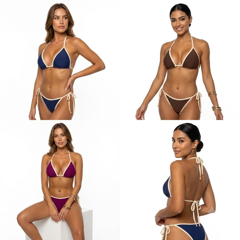 Color-Block Bikini Set — Tie-Side Cross-Back Swimsuit