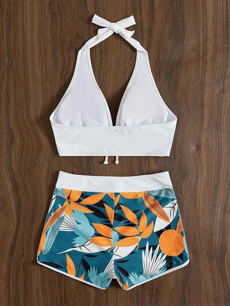 Halter Neck Bikini Set — Printed High-Waist Swimsuit