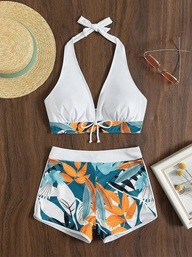Halter Neck Bikini Set — Printed High-Waist Swimsuit