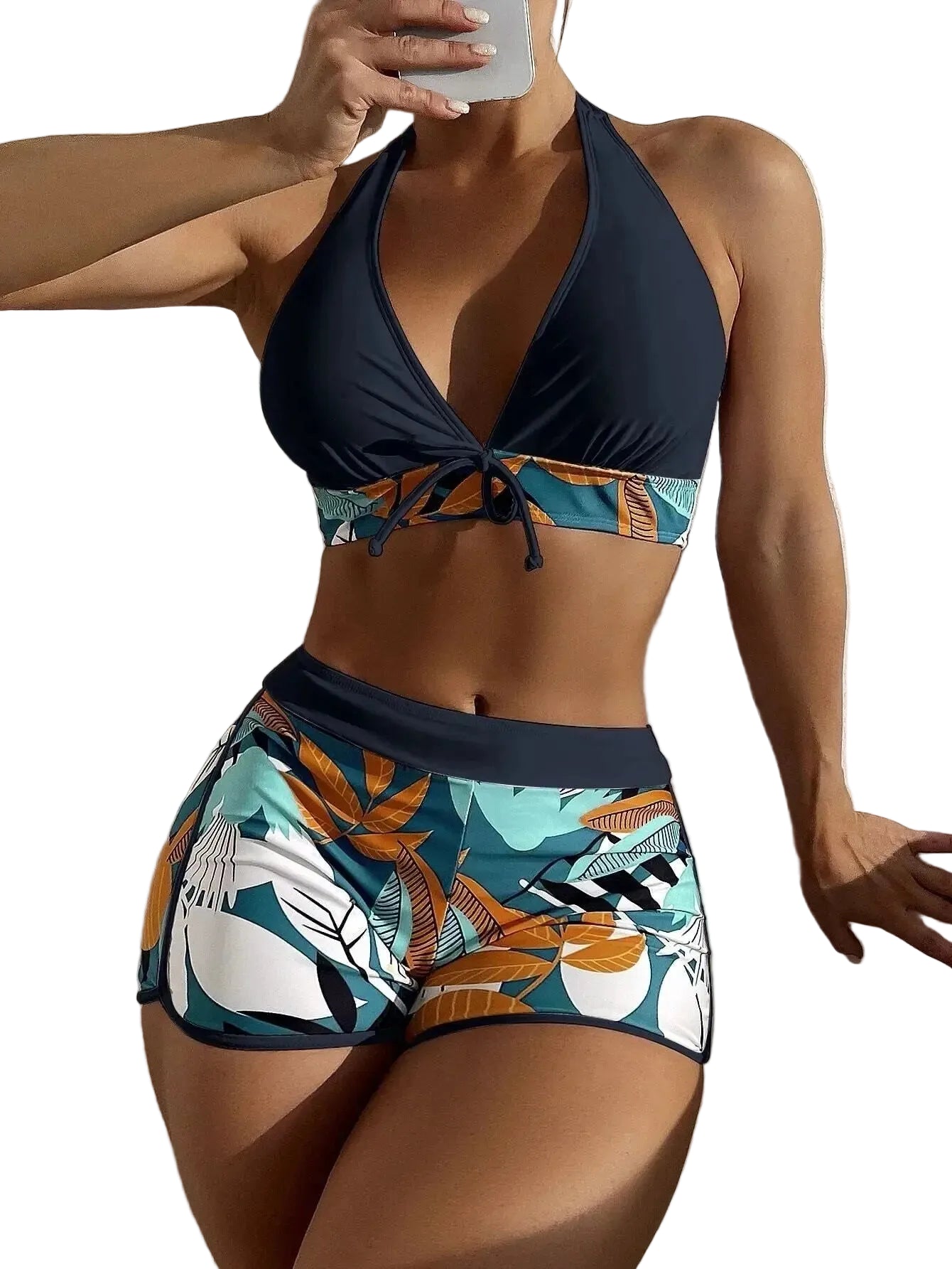 Halter Neck Bikini Set — Printed High-Waist Swimsuit